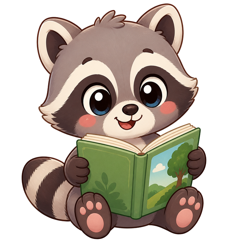 A clever raccoon reading a book