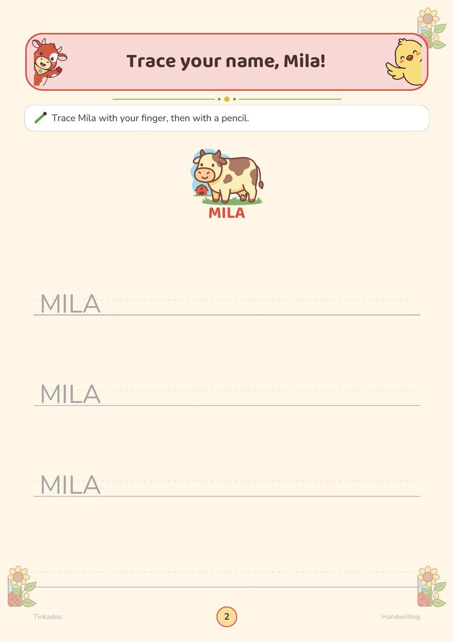 Their name to trace example page personalised for a child called Mila