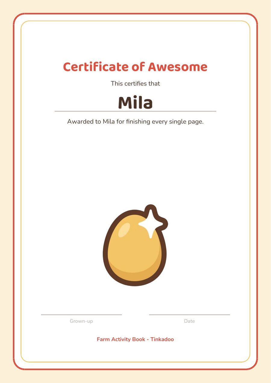 Their own certificate example page personalised for a child called Mila